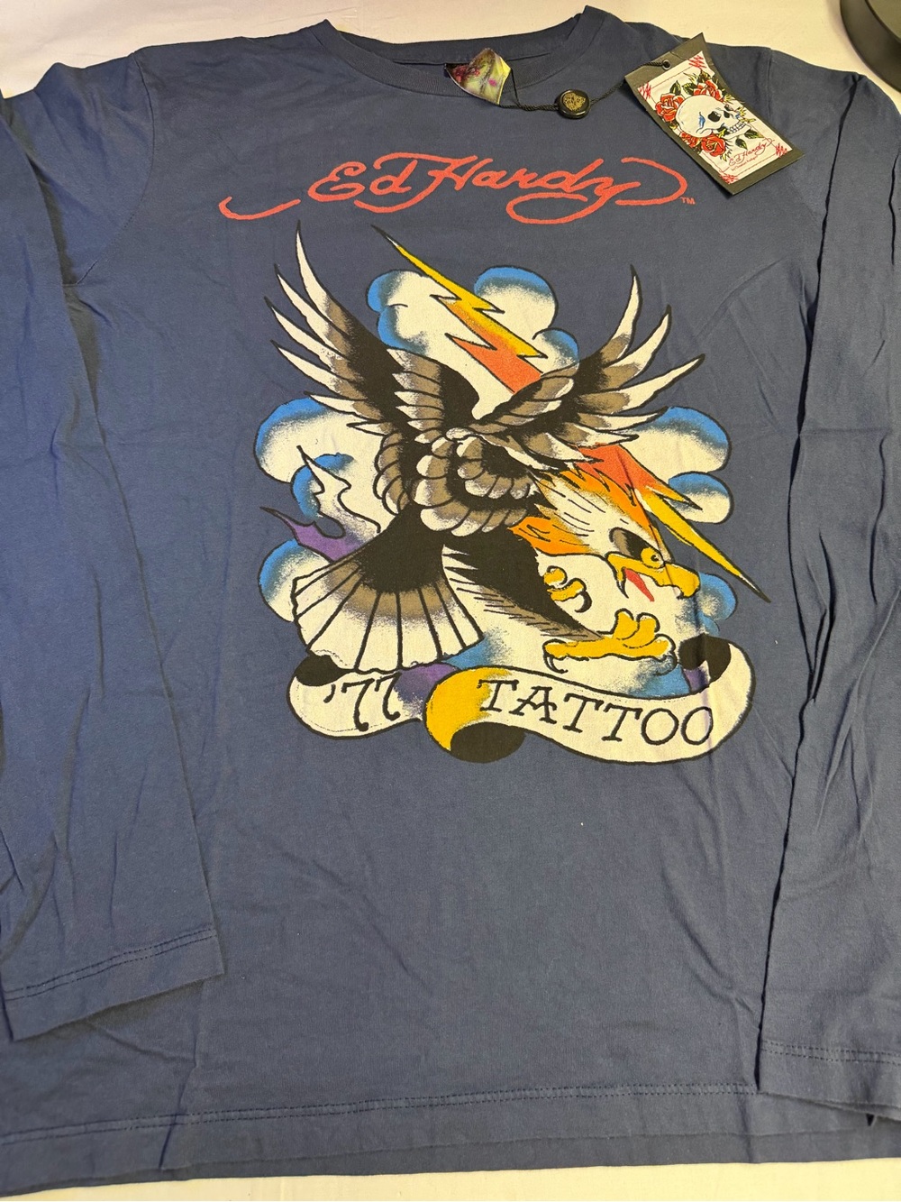 Ed Hardy Blue Long Sleeve Tattoo Eagle Graphic Tee